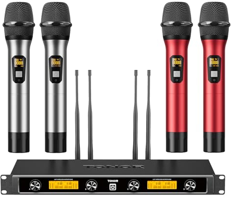 TONOR Système de Microphones sans Fil avec 4x5 Canaux Microfphones à Main sans Fil en Métal, 4 Antennes pour Une Portée de 90m UHF, Signal Stable pour Le Chant, la Fête, l'église, Le Karaoké, Rouge