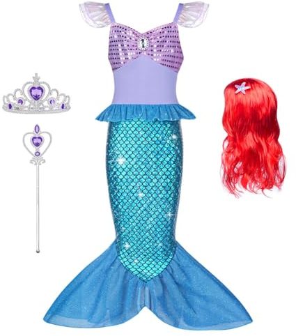 AOOWU Små flickor Sjöjungfru Fancy Dress Up Dräkt, 4 st Sjöjungfruklänning Set med rött hår Peruk krona och trollstav, Princess Mermaid Klänningar för flickor Halloween Cosplay Barn Semester