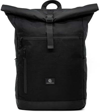 Nouvari Rolltop Rucksack Damen und Herren Schwarz Wasserabweisender Tagesrucksack mit 17 Laptopfach für Uni Arbeit Freizeit Reiserucksack Groß Wanderrucksack 30l Fahrradrucksack