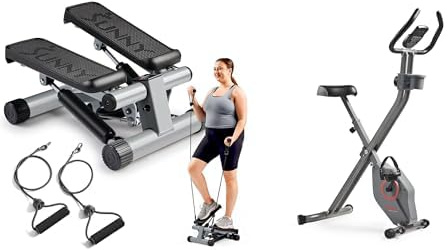 Sunny Health & Fitness Mini Stepper Machine, with Resistance Bands and LCD Monitor + Smart Folding X-Bike, Portable Compact Exercise Bike, 14-Level Magnetic Resistance