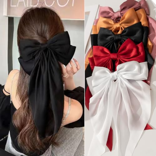 Premium Black Satin Hair Bows and Clips Set for Women & Girls - 5 PCS Bow-knot Hair Clip, Big Bows Claw Clips, Non-Slip Clip for Thick and Thin Hair
