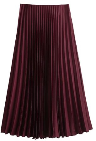 Generic New Spring Women's high-Waist Silk Satin Pleated mid-Length Skirt-Burgundy-M