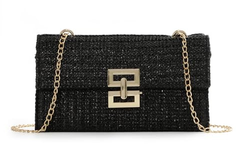 Ynport Crefreak Bolso de Hombro de Paja Para Mujer Bolso Bandolera de Paja de Verano Bolso de Playa Bolso Tejido de Playa Sobre de Mimbre Sobre de Fiesta,Negro