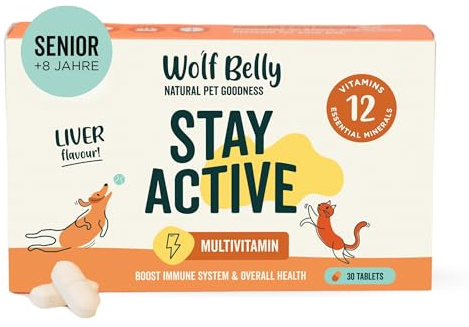 Wolf Belly - Complement Alimentaire pour Chiens et Chats Seniors +8 Ans (30 comprimés) Soutien Immunitaire et Énergétique | avec Vitamines B, C et E | Peau, Pelage et Vitalité - Fabriqué en Europe