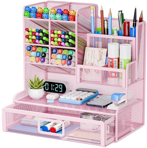 Restorgan Organizador de escritorio de red, 12 compartimentos, soporte para bolígrafos de malla con cajón, portalápices, caja de lápices, organizador de escritorio multifuncional para suministros de