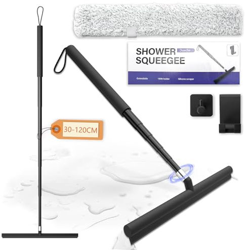 Shower Squeegee Duschabzieher Long Handle, Fensterwischer und Fensterabzieher 2 in 1, 120cm Teleskopstange, Bodenabzieher, Wasserschieber, Glasreiniger, Fensterreiniger, Glaswischer für Dusche Schwarz