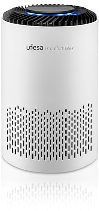Ufesa Comfort Air 650 Purificador de Aire con Filtro HEPA, Tasa de Purificación CADR 65m³/h, Cobertura ≤10 m², 3 Velocidades, Silencioso ≤55dB, Temporizador 4-8h, Función Aromaterapia, Blanco