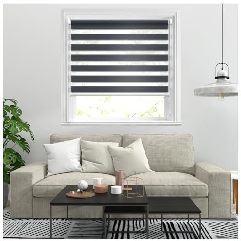 J.Din Zebra Roller Blinds Windows Door Curtain For Bedroom Light Filtering Day and Night Window Shades Blind Easy Fit Double Layer Fabric Translucent Vision Curtains (Grey, 114cm x 165cm)