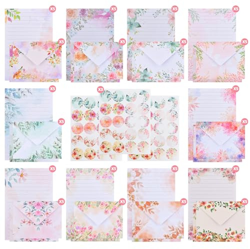 Set di Carta da Lettere e Buste, 50 Floreale Fogli A5 a Righe e 50 Buste 60 Adesivi, Elegante Carta Creativo Lettera Busta per Inviti, (10 Stili), Set Lettera Regalo, per Ufficio, Casa, Scuola