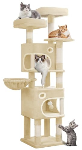 Hzuaneri Kratzbaum, 159 cm Katzenbaum mit 8 Kratzsäulen, 3 Plattformen, 2 Höhlen, Korb, Plüschbälle, Sisalseil, Geeignet für Katzen Verschiedener Größen, Beige MS15918YL
