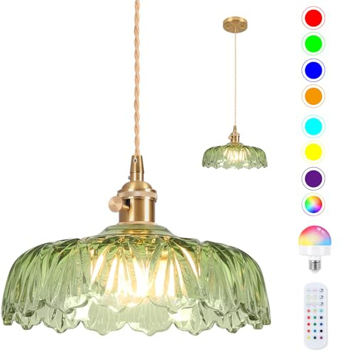 Battery Operated Pendant Light,Vintage Light Fixtures RGB Light Bulb 2500mAh 9.4in Green Modern Chandelier with Remote Control Wireless Adjustable Rechargeable Chandelier for Kitchen Island 1Light