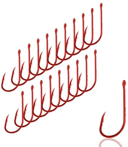 AMZfishing Lot de 20 hameçons rouges aiguisés au laser en 10 tailles | Hameçon à anguille | Hameçons de pêche à l'anguille | Hameçons de pêche vers | Hameçon de pêche pointu | Hameçon pour ver de
