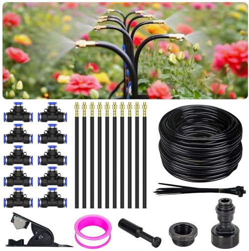 360° Adjustable Irrigation System Kit - Garden Watering System 10M/33FT with 10 Nozzles, Drip Irrigation Kit for Garden, Yard, Lawn, Greenhouse, Plants, 5/16 inch Hose