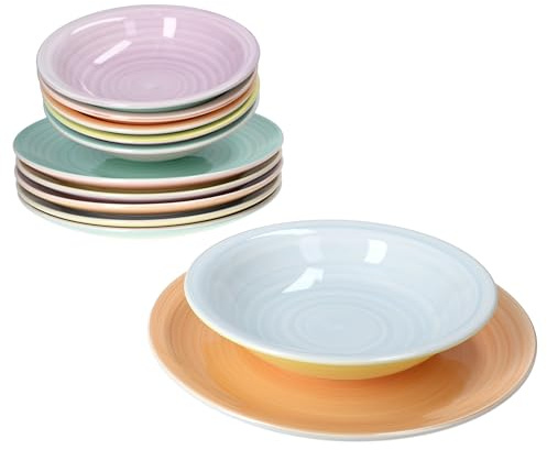 Pastello - Set di 12 piatti da zuppa e piano in gres pastello effetto strudel, 6 piatti profondi e 6 piatti piatti, robusti e facili da pulire, lavabili in lavastoviglie e adatti al microonde