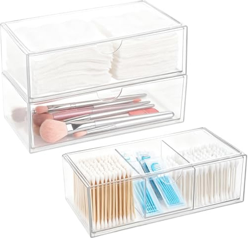3 Piezas Organizador de Maquillaje con Cajones, Organizadores Cosméticos Apilables Transparentes, Caja de Almacenamiento Cajón de 3 Compartimentos para Baño, Escritorio, Tocador, Dormitorio y Oficina