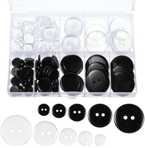 160PCS 2-Hole Buttons, 5 Sizes Assorted Sewing Buttons for Clothes Pants Shirt Coat, Plastic Round Button Bulk Supplies for DIY Crafts(Clear & Black)