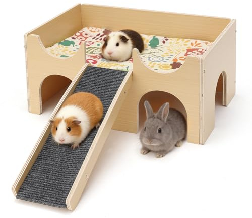 GHWMYD Meerschweinchen Haus aus Holz Mit Rampe & Hängematte, Versteck für Zwerg Hamster Rennmäuse Degus Stachelmäuse Kaninchen, Kleine Haustiere Spielzeug Zubehoer, 18x38x25cm