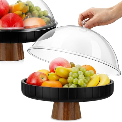 Acellegic 12 inch Mango Wood fruit bowl with clear cover fruit basket with Lid for kitchen counter Decorative Bowl for Home Decoration Black Fruits tray Dining TableFood Vegetable
