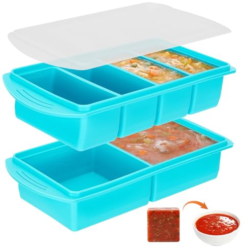 Silikonform för frysning med lock, 2- och 4-facks set – frysbehållare med måttskala 125–500 ml för soppa, såser och meal prep, BPA-fri, stapelbar, läckagesäker, blå