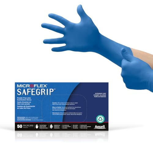 Ansell MICROFLEX SafeGrip SG-375 Extra Thick Disposable Latex Gloves for Life Sciences, Automotive w/Textured Fingertips - Large, Blue (Box of 50)