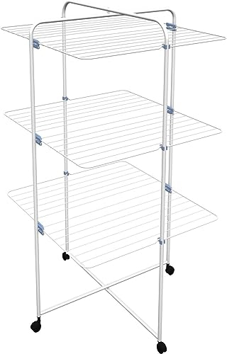 Gimi Linear 3 Stendino Verticale, Stendibiancheria a Torre, da Pavimento, per Box Doccia, 3 livelli, Spazio di Stenditura 33 m, con Ruote, Acciaio, Bianco, 69 x 73.5 x 130 cm