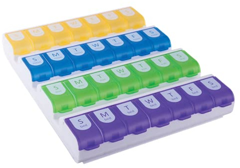 EZY DOSE Weekly (7-Day) Pill Case, Medicine Planner, Vitamin Organizer Box, 4 Times a Day, Large Compartments, Easy Fill All Compartments at Once Organizer, Multi-Colored, BPA Free