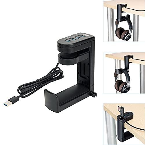 KIWIFOTOS Support pour casque avec concentrateur USB, support de suspension pour casque sous le bureau avec 4 ports USB (1 USB 3.0 + 3 USB 2.0), support de casque réglable pour casque, parapluie, sac