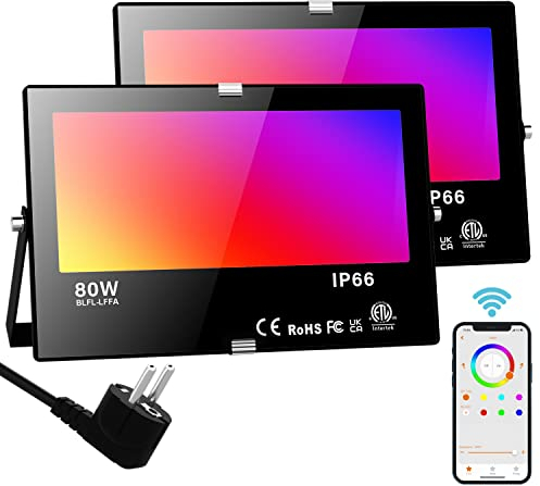 RGB LED Strahler Außen 80W Bluetooth APP Steuerung Fluter Beleuchtung Outdoor, 2700K&Million Farben Dimmbar Smart Flutlichtstrahler IP66 Wasserdicht Außenstrahler Flutlicht Garten Stimmungslichter 2