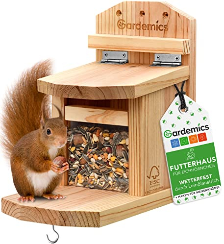Gardemics Eichhörnchen Futterhaus wetterfest - Stabiles Eichhörnchen Haus aus verschraubtem Holz mit unbedenklicher Leinöl-Beschichtung - Eichhörnchen Futterstation inkl. Belüftungslöchern