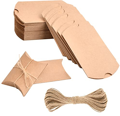 50 Stück Kraftpapier Geschenkboxen, Kissenschachtel Geschenkschachtel mit Juteschnur, Vintage Geschenkbox für Süßigkeiten, Geschenk-box Klein für Hochzeit Geburtstag Party (9 x 6,5 x 2,5 cm)