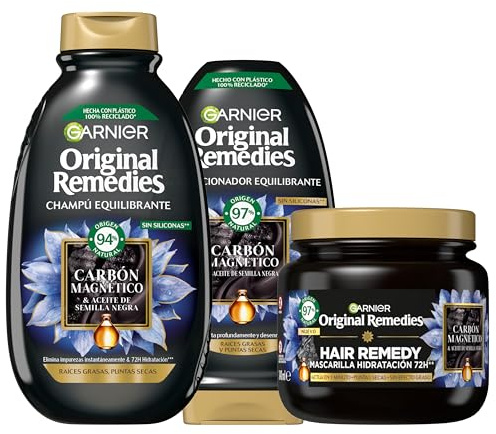 Garnier Original Remedies Carbón Magnético | Para Raíces Grasas y Puntas Secas, Champú 400ml, Acondicionador 250ml y Mascarilla 340ml, Equilibra, Hidrata y Fortalece