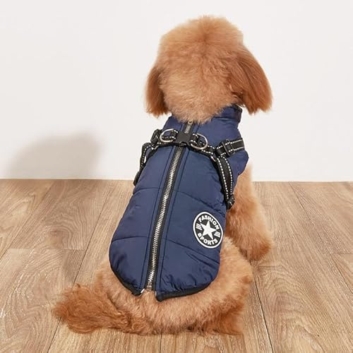 Abrigo de invierno cálido para perros, chaqueta de invierno acolchada con polar reflectante para perros con arnés integrado, impermeable, cortavientos con cremallera (azul, talla XL)
