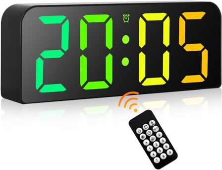 PiKaPiKaP Digital väggklocka, väggklocka med 9,6 tums RGB LED-display med fjärrkontroll, 3 larm, 3 tum stora siffror, snooze, 12/24 timmar för hem, kontor, kök