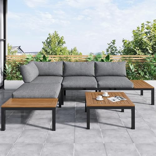 Gartenlounge-Set wetterfest Lounge Set ,Rahmen aus verzinktem Stahl, (2x 2-Sitzer-Sofa, 2x Beistelltisch, 1x Tisch), Akazienholz Tischplatte ,Stoffbezug kann die Rückseite des Stuhls abdecken (Grau)
