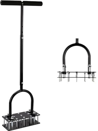 Aireador de césped manual, aireador para césped, diseño automático de suciedad y hojas, herramienta de aireación manual de altura ajustable con 15 clavos de acero macizo para césped o patio