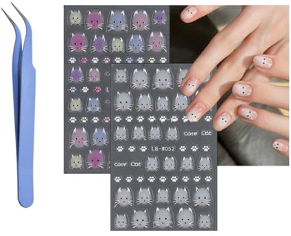 4 Hojas Pegatinas Para Uñas flores,3D Pegatinas para Uñas Adhesivas con Pinzas Autoadesiva Nail Art Stickers Decoración (4 Hojas Lindo gato)