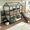HAINEW Etagenbett Kinderbett 90 × 200cm mit Rutsche und Treppe, Metallbett Eisenbett Bodenbett Hausbett Stockbett Multifunktionsbett mit Dach und Lattenrost für 2 Kinder, Schwarz
