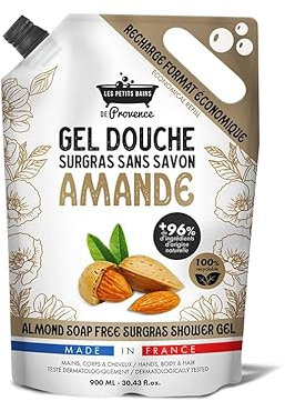 Recharge Gel Douche Amande 900ml Les Petits Bains de Provence – Formule Naturelle Sans Savon – Hydratant, pH Neutre – Parfum Amande Douce