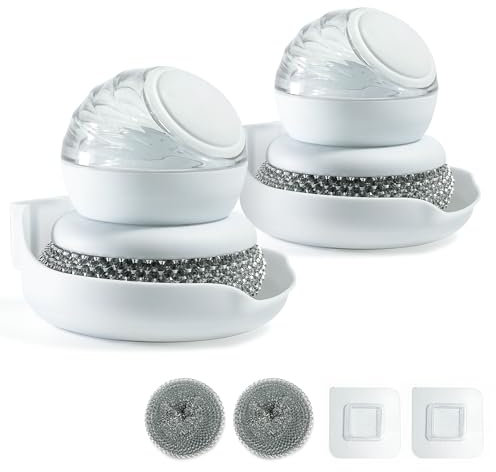 SEATOGEM 2 Pezzi Spazzola per Piatti con Dispenser di Detersivo, Pennelli da Cucina con 2 Pagliette in Acciaio Inox Per Lavare Piatti, Pentole, Lavandini
