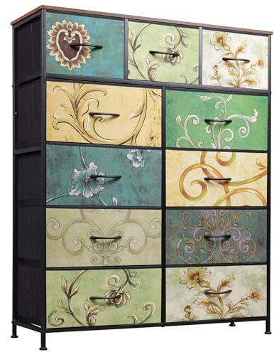 WLIVE Kommode mit 11 Schubladen aus Stoff, Kommodenschrank für Schlafzimmer, Kommode Wohnzimmer, mit Stabiler Stahlrahmen, Bohemien