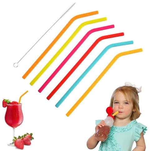 6PCS Silicone Straws Reusable, Colorful Bend Drinking Straws,Regular Size Replacement Smoothie Straws,Soft Flexible Rubber Straw with Cleaning Brushes (6, Muiticolor-6 Elbows, One Size)