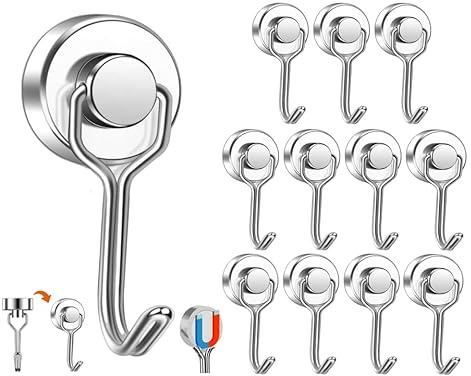 Abiyou Gancio Magnetico, 12 Pezzi Magnete con Ganci, Magnethaken Extra Stark, Ganci Magnetici Extra Resistenti, Calamita con Gancio, ganci Magnetici Potente, per Cucina, Frigorifero (Argento)