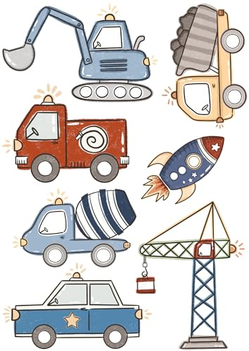 Bügelbild Set Fahrzeuge,Baustelle,Betonmischer,Bagger,Kran,Feuerwehr,Polizei,Rakete-für Textilien,Kinder,Geburtstag,T-Shirt,Turnbeutel,DIY,Geschenk,Rucksack,Schultüte,Kita,Schule