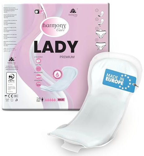 Harmony Care® Lady Maxi – Solette assorbenti per incontinenza da donna – Incontinenza discreta per debolezza della vescica media e grave, con protezione rinforzata e controllo degli odori, 28 pezzi