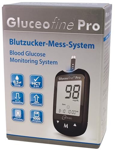 Starter Set L Gluceofine® Pro Blutzuckermessgerät (mg/dL) + 60 Blutzuckerteststreifen, 10 Lanzetten, 1 Stechhilfe, 1 Etui, zur Blutzucker-Selbstkontrolle bei Diabetes