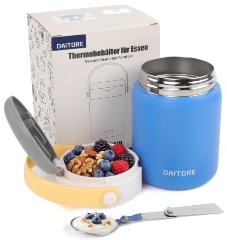 Daitore termobehållare för mat 480 ml, rostfritt stål varmhållningsbehållare med sked, värmebehållare termoskål med lock, termisk lunchlåda för lunch, soppor, gröt, babygröt, blå