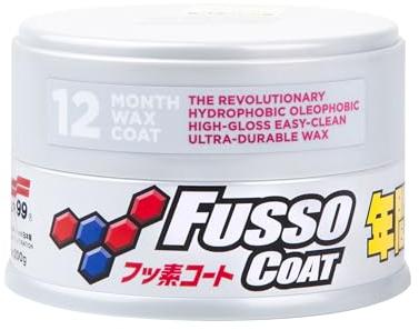SOFT99 Fusso Coat 12 Monate Wax Light 200g – harte Autopflege – Autopflege wasserdichte hydrophobe Beschichtung – langlebiger Lackschutz und Hochglanz-Finish – Kit mit einem Applikator-Pad