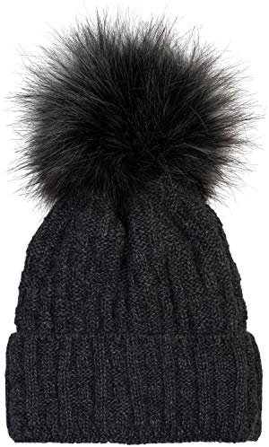 styleBREAKER Unisex warme Strick Bommelmütze mit Flecht Muster und Fleece Futter, Winter Fellbommel Mütze 04024171, Farbe:Dunkelgrau meliert
