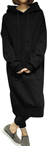 semen Womens Casual Loose Hoodie Sweatshirt Dress Long Sleeve Solid Color Pullover Maxi Dress Black