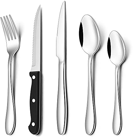 Herogo 30 Piece Cutlery Set with Steak Knives, Stainless Steel Flatware Service for 6, Tableware Silverware Set with Fork Knife Spoon for Home Restaurant, Mirror Polished & Dishwasher Safe